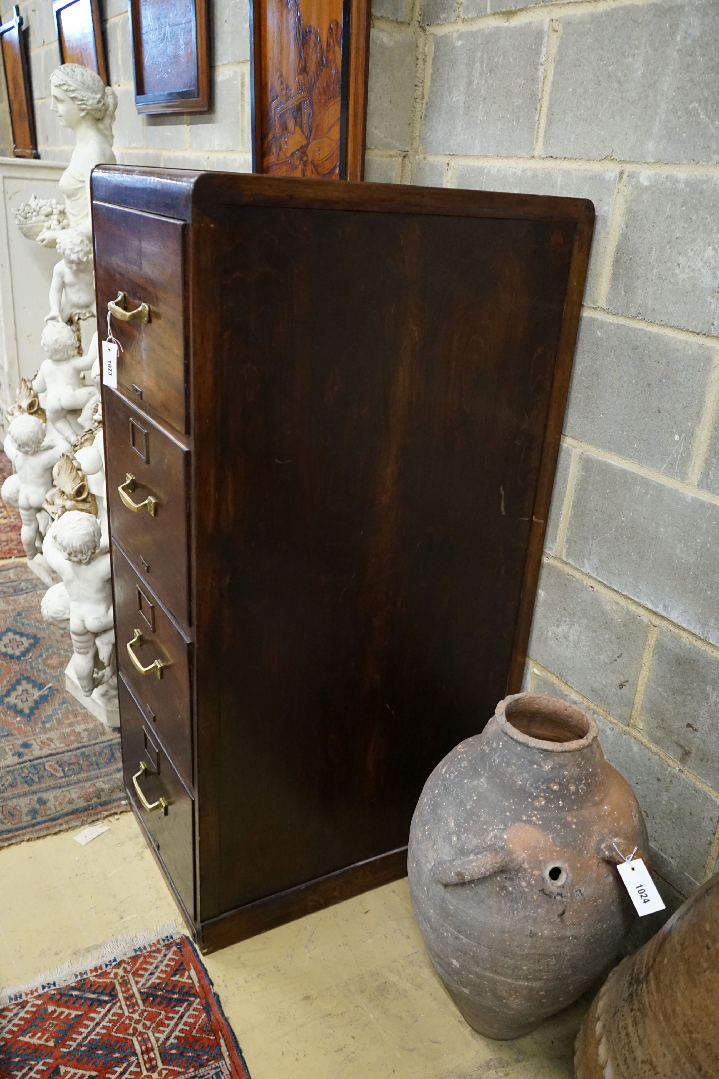 An early 20th century mahogany and beech four drawer filing chest, width 50cm, depth 68cm, height 131cm